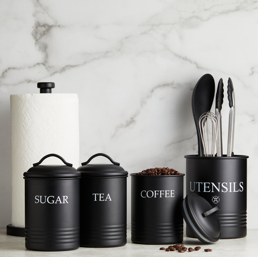 Steelware Central Kitchen Canister Set of 3 Sugar Coffee Tea, Matte Black